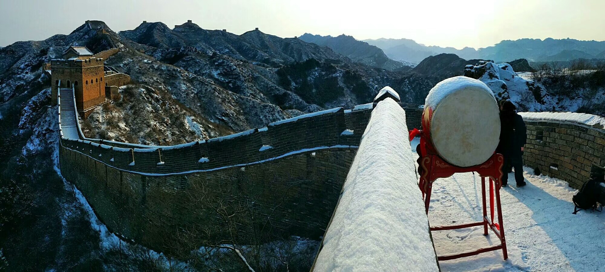 Snow-covered Great Wall ridges and watchtowers